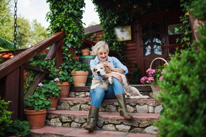 Woman holding dog on outdoor steps